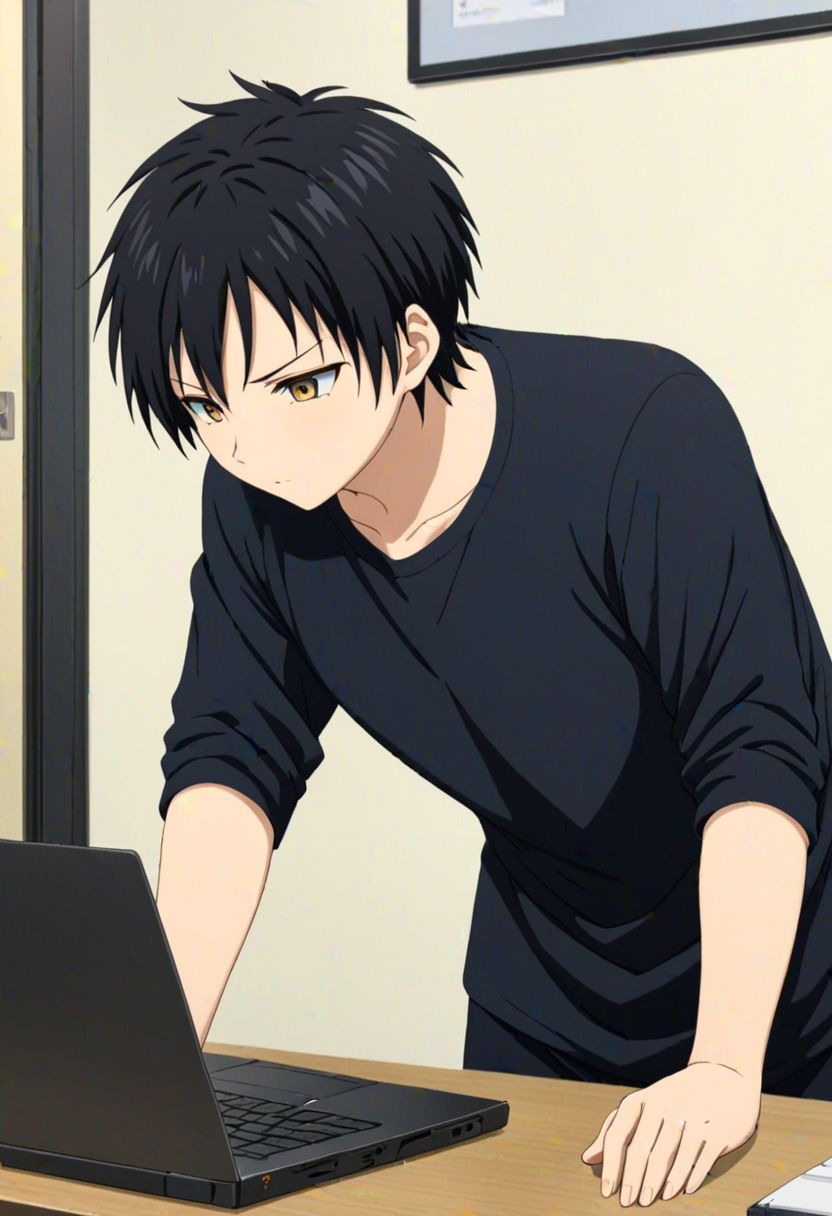 Sasuke Tsubaki, Yellow Eye,  masterpiece, best quality, 1boy, solo, male focus, High definition, Black hair, 4K, work front laptop , candid photo