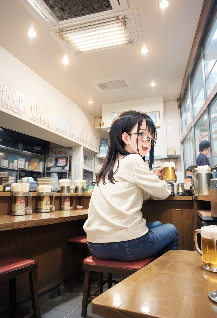 score_9, score_8_up, score_7_up, rating_safe, masterpiece, best quality, absurdres, unity 8k wallpaper, official art, official style, source_anime, game cg, megami magazine,
1girl, solo, glasses, black hair, long hair, white ribbed sweater, jeans, bag, happy, smile, looking at another, open mouth, solo focus, sitting, beer mug, from behind, 
sakaba, indoors, tiles, chair, tile floor, ceiling light, table, window, cup, sitting, solo, japanese architecture, japan, counter
 <lora:taisyu_sakaba_indoors1_pony_V2:1>
