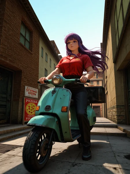 kingpin, realistic, masterpiece, best quality, amazing quality, absurdres, newest, 1girl, fern (sousou no frieren), solo, pizza delivery, riding red scooter, pizza boxes, fast movement, sunny day, bright sunlit street, open alleyway, clear blue sky, sunlight shining on face and clothes, strong front lighting, brightly lit scene, casual delivery outfit, wind in hair, motion blur, urban details, sunlit walls, shadows on ground, dynamic composition, fun delivery scene, focus on character and scooter  <lora:Kingpin_-_Life_of_Crime_Style_E17_DIM16_ILXL_V1.2:1>.  <lora:dmd2_sdxl_4step_lora:1>