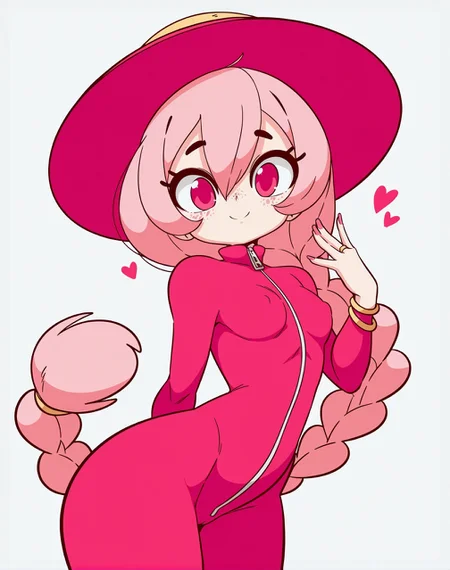 <lora:_diives_NAIXL:1.1> art by diives, best quality, masterpiece, uncensored, source_anime, 1girl, solo, long hair, pink hair, braid, heart, smile, white background, looking at viewer, fingernails, bracelet, freckles, simple background, ring, hair between eyes, very long hair, pink eyes, cowboy shot, long fingernails, hand up, zipper, pink nails, bodysuit, closed mouth, pink skin, personification, nail polish, single braid, pink theme, braided ponytail, hat