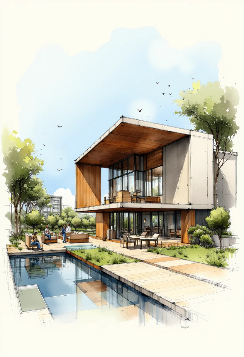 The image is a sketch drawing with crayon pencils and watercolors on paper of a modern building with a unique architectural design. The building is a two-story structure with a flat roof and large windows on the second floor. The exterior of the building is made of concrete and glass, and there are several large windows that allow natural light to enter the space. The building is surrounded by a courtyard with a small pond in the foreground. The pond is reflecting the building and the surrounding landscape. There are a few people walking around the courtyard, and a few birds can be seen flying in the sky. The sky is blue with a few clouds, and the overall mood of the image is peaceful and serene. Earth tone color scheme. Draw concept sheet. The lines of the drawing are precise and the final result is well finalized. Architectural sketching, Impressionistic, Perspective, Proportions, Rendering.