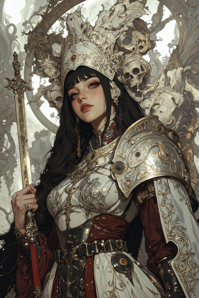 (A highly detailed digital artwork in a fantasy style) A striking female figure radiates an ethereal, otherworldly presence, wearing a flowing white medieval robe adorned with intricate silver attachments, each crafted with delicate, ornate patterns reminiscent of regal craftsmanship. The silver shoulder plates curve gracefully over her form, while a waist chain with elegant filigree accents cinches the robe, and a breastplate with mesmerizing, intricate designs enhances her majestic aura. The robe is modest yet imposing, concealing her figure while exuding an air of authority and dignity. Her long, straight silver-white hair cascades over her shoulders, framing her pale, flawless skin and drawing attention to her piercing, confident gaze. In her right hand, she wields a large, ornate sword with a gleaming silver blade etched with luminous white patterns, its hilt wrapped in shimmering silver cords. Large white feathered wings extend majestically from her back, adding to her angelic yet fearsome presence. The background is a celestial blend of soft white and pale gold, filled with abstract, swirling patterns that echo the intricate details of her armor, creating a harmonious yet dramatic atmosphere. HD, ultra-detailed, 8K quality, masterpiece artwork.A highly detailed, HD digital close-up portrait in a gothic and surreal style, featuring a central female figure with long, sleek black hair cascading down, partially veiling her pale, melancholic face. Her piercing gaze and neutral expression exude an eerie stillness, enhanced by the dramatic contrast of shadows. She wears a deep crimson crop top, the only vivid hue in the artwork, standing out against the intricate black and gray tattoos sprawling across her chest and shoulders. These dark, ornate tattoos seamlessly merge with the surrounding macabre imagery—skulls, twisted bones, and grotesque figures—that coil around her skin and fade into the background. The finely detailed linework, masterful shading, and rich monochromatic depth create a hyper-realistic, three-dimensional effect, immersing the viewer in its haunting beauty. The background is filled with arcane symbols, cryptic letters, and swirling patterns, amplifying the surreal and ominous atmosphere. The composition reflects a modern, edgy interpretation of gothic and tattoo-inspired art, encapsulating both vulnerability and defiant strength amidst overwhelming darkness. This digital masterpiece blends elements of horror, fantasy, and surrealism, delivering a captivating and evocative vision.