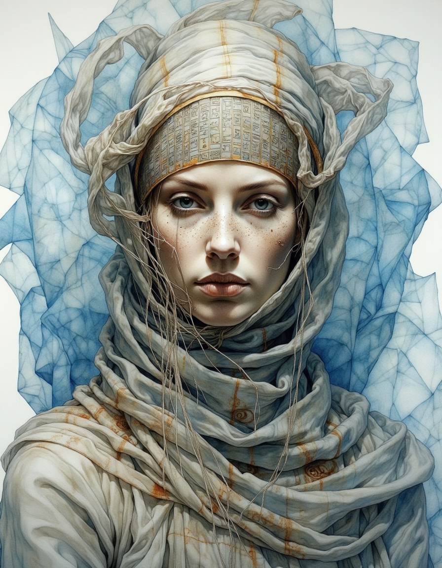 Portrait by Dorota Pietrowiak. This is a highly detailed, surrealistic watercolor painting of an ancient, cloaked female figure with piercing eyes, face covered in dust and dirt, their face wrapped in fabric adorned with extremely intricate hieroglyphs, set against an abstract, polygonal blue gradient background. The cloth appears worn and frayed, with strands of cobwebs catching the light, evoking a sense of age and decay. The backgroundâs geometric facets shift from light to dark blue, creating a sense of depth that feels cold and detached, as if the figure exists within a frozen, digital void. Every wrinkle, stitch, and symbol on the fabric is detailed, revealing a story etched into the cloth. The icy blues of the background offer a stark contrast, amplifying the figureâs ancient aura. This composition weaves together themes of antiquity and futurism, drawing the viewer into a world where the past is preserved within a crystalline digital space. <lora:Dorota_Pietrowiak:0.85>