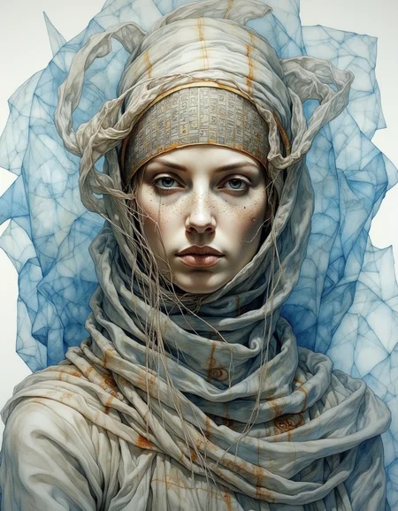 Portrait by Dorota Pietrowiak. This is a highly detailed, surrealistic watercolor painting of an ancient, cloaked female figure with piercing eyes, face covered in dust and dirt, their face wrapped in fabric adorned with extremely intricate hieroglyphs, set against an abstract, polygonal blue gradient background. The cloth appears worn and frayed, with strands of cobwebs catching the light, evoking a sense of age and decay. The backgroundâs geometric facets shift from light to dark blue, creating a sense of depth that feels cold and detached, as if the figure exists within a frozen, digital void. Every wrinkle, stitch, and symbol on the fabric is detailed, revealing a story etched into the cloth. The icy blues of the background offer a stark contrast, amplifying the figureâs ancient aura. This composition weaves together themes of antiquity and futurism, drawing the viewer into a world where the past is preserved within a crystalline digital space. <lora:Dorota_Pietrowiak:0.85>