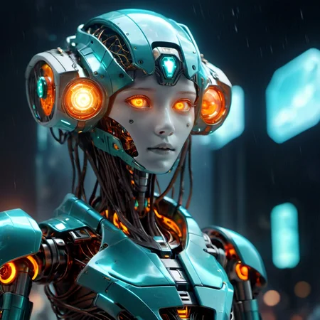((best quality)), ((masterpiece)), ((realistic,digital art)), (hyper detailed), DonMM4ch1n3W0rldXL female android, Human-like appearance, Anthropomorphic design, Synthetic skin and hair, Futuristic and sleek aesthetics, Elegance and sophistication in design, Enhanced with advanced technology, sci-fi, Midlife, Lanky, Scandinavian, Hazel eyes, Lobed Ears, Narrow Nose, Unusual Chin, Sunken Cheeks, Heart face shape, Halloween makeup , Dark Brown Layered haircut hair, Admiration, In the midst of a magical storm, controlling the elements around them, wearing Turquoise Muslin Jogger pants, Camisole, Slip-on sneakers, , and and andFrame Pack Enchant (Flowing,Resonant,Radiating,Bewildering,Perpendicular liness,Plasma,Clay Convection,Wave propagation,Pentagonal Prism,Parallelogram ,Electromagnetic Blizzards,Reality manipulation,Orange Vivify magic:1.0), Seated, surrounded by books and scrolls, deep in thought, Incandescent Brilliance, 8K, HDR <lora:DonMM4ch1n3W0rldXL:1>