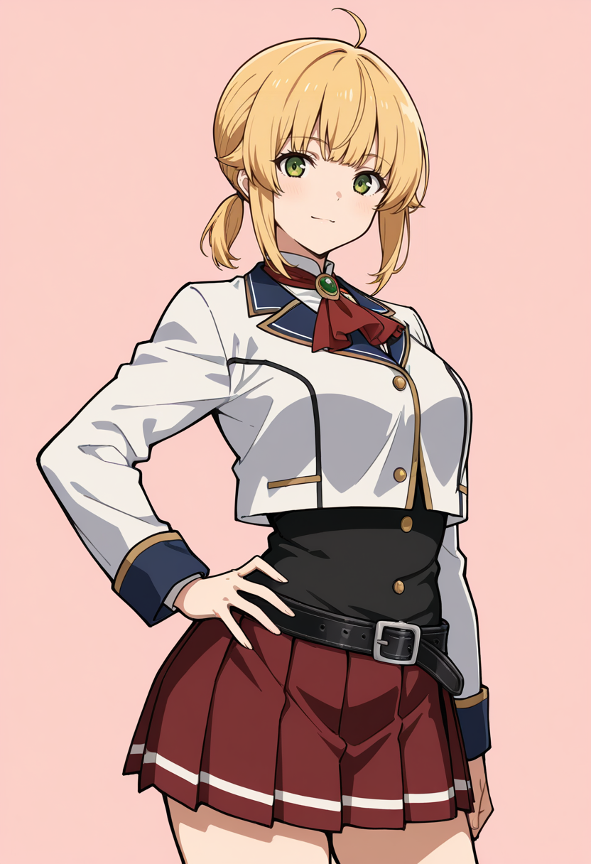 masterpiece, best quality,
1girl, solo, cowboy shot,
standing, hand on own hip,
looking at viewer, light smile,
<lora:Norn_Greyrat:1> N0rnGr31r4t, blonde hair, ahoge, sidelocks, bangs, short hair, ponytail, green eyes, 
cropped jacket, white jacket, red ascot, black belt, long sleeves, pleated skirt, red skirt, school uniform, buckle, 
simple background, pink background,