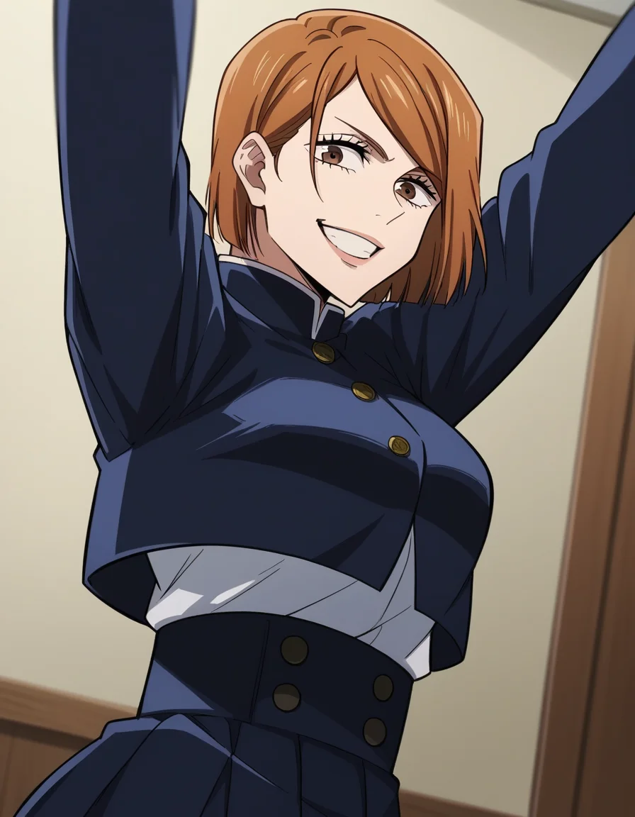 score_9, score_8_up, score_7_up, source_anime, <lora:nobara-kugisaki-s1s2-ponyxl-lora-nochekaiser:1>, nobara kugisaki, kugisaki nobara, bob cut, brown eyes, brown hair, lips, short hair, large breasts,, skirt, school uniform, jacket, cropped jacket, jitome, high-waist skirt, gakuran,, bedroom, alarm clock, morning routine, yawning, stretching, smile, looking at viewer, solo,, cowboy shot, dutch angle
