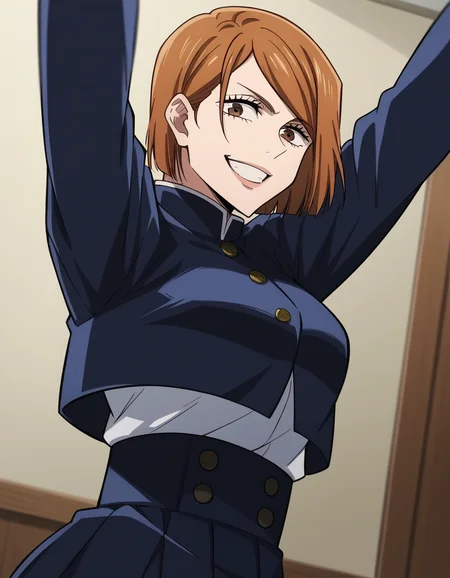 score_9, score_8_up, score_7_up, source_anime, <lora:nobara-kugisaki-s1s2-ponyxl-lora-nochekaiser:1>, nobara kugisaki, kugisaki nobara, bob cut, brown eyes, brown hair, lips, short hair, large breasts,, skirt, school uniform, jacket, cropped jacket, jitome, high-waist skirt, gakuran,, bedroom, alarm clock, morning routine, yawning, stretching, smile, looking at viewer, solo,, cowboy shot, dutch angle