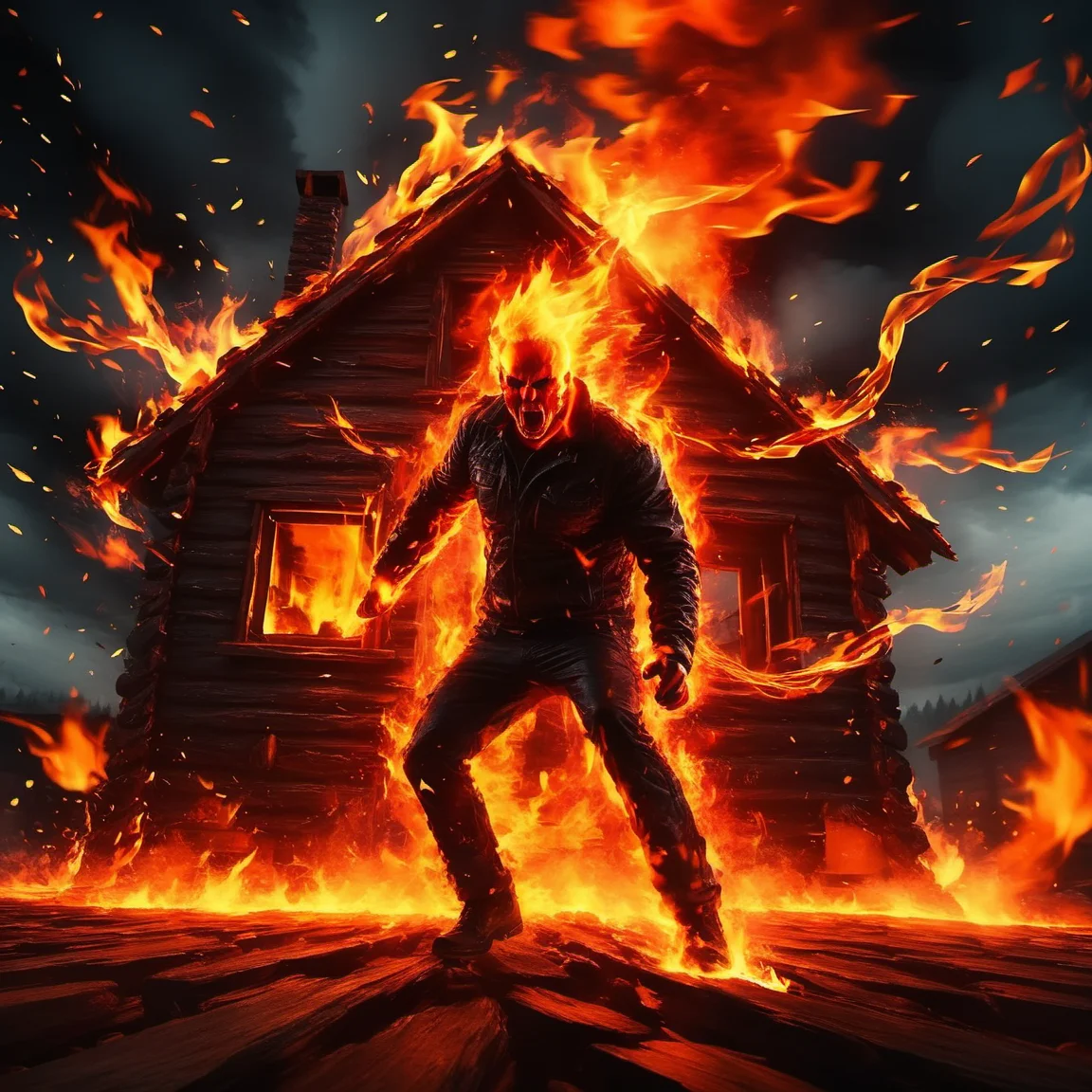 fireart, man,flames flying around it<lora:fireart:1>, Wide angle, chaotic cabin in background. vibrant, photorealistic, realistic, dramatic, dark, sharp focus, 8k.