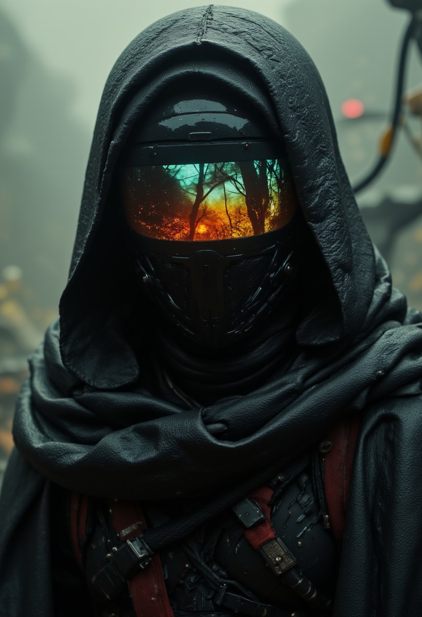 Extreme head Closeup Focus, apoclypse photo of an Cyber scout Samurai amidst a SWarm of bees, macro, flowing Cape, a captivating vibrant dark capturing the essence of a wired Figur with dystopian sci-fi backpack and obscures Face, Display infront of eyes, standing in fight stance, standing infront of dystopian megacity. ethereal, smoky backdrop. a translucent Grey, yellow/tanslucent red/black, atmospheric haze, Film grain, cinematic film still, shallow depth of a cyber information scout dressed in dark mechanical armor, equipped with advanced visual devices that cover the face with a glowing display - an Irish meadow landscape is visible on the screen. The bleaked dystopian neon and black background accentuates the silhouette of the scout, with detailed gear and wires extending from the armor, blending seamlessly with the surrounding. The overall style exudes a futuristic and tech-driven atmosphere.