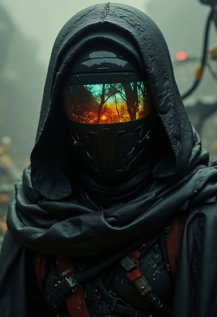 Extreme head Closeup Focus, apoclypse photo of an Cyber scout Samurai amidst a SWarm of bees, macro, flowing Cape, a captivating vibrant dark capturing the essence of a wired Figur with dystopian sci-fi backpack and obscures Face, Display infront of eyes, standing in fight stance, standing infront of dystopian megacity. ethereal, smoky backdrop. a translucent Grey, yellow/tanslucent red/black, atmospheric haze, Film grain, cinematic film still, shallow depth of a cyber information scout dressed in dark mechanical armor, equipped with advanced visual devices that cover the face with a glowing display - an Irish meadow landscape is visible on the screen. The bleaked dystopian neon and black background accentuates the silhouette of the scout, with detailed gear and wires extending from the armor, blending seamlessly with the surrounding. The overall style exudes a futuristic and tech-driven atmosphere.