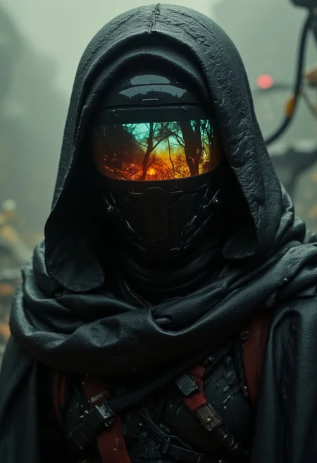 Extreme head Closeup Focus, apoclypse photo of an Cyber scout Samurai amidst a SWarm of bees, macro, flowing Cape, a captivating vibrant dark capturing the essence of a wired Figur with dystopian sci-fi backpack and obscures Face, Display infront of eyes, standing in fight stance, standing infront of dystopian megacity. ethereal, smoky backdrop. a translucent Grey, yellow/tanslucent red/black, atmospheric haze, Film grain, cinematic film still, shallow depth of a cyber information scout dressed in dark mechanical armor, equipped with advanced visual devices that cover the face with a glowing display - an Irish meadow landscape is visible on the screen. The bleaked dystopian neon and black background accentuates the silhouette of the scout, with detailed gear and wires extending from the armor, blending seamlessly with the surrounding. The overall style exudes a futuristic and tech-driven atmosphere.