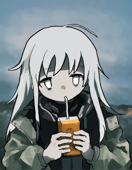 syakunetuu,1girl,drinking straw in mouth,white eyes,white hair,empty eyes,holding,jacket,outdoors,sky,solo, <lora:syakunetuu-000030:1>