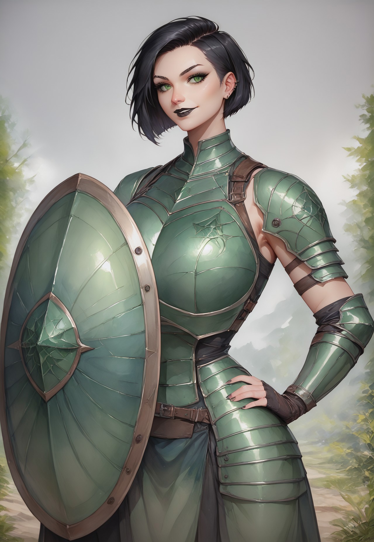 score_9, score_8_up, score_7_up, woman, goth, green eyes, short hair, undercut hair, black hair, looking at the viewer, blurred background, smile, green armor, (massive armor:1.2), lips closed, black lipstick, watercolor painting, traditional media, (holding a shield, massive green shield, shield on left arm, wielding a shield:1.1), (massive shield:1.8), front view, looking at viewer, detailed eyes, perfect eyes, realistic eyes, perfect lighting, volumetric lighting, outdoor lighting, eyedetailxl, bettereyes, detailed_eyes, (shield near hip:1.6)