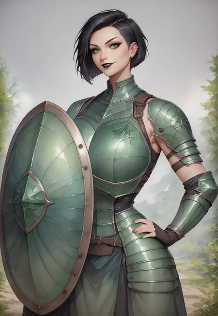 score_9, score_8_up, score_7_up, woman, goth, green eyes, short hair, undercut hair, black hair, looking at the viewer, blurred background, smile, green armor, (massive armor:1.2), lips closed, black lipstick, watercolor painting, traditional media, (holding a shield, massive green shield, shield on left arm, wielding a shield:1.1), (massive shield:1.8), front view, looking at viewer, detailed eyes, perfect eyes, realistic eyes, perfect lighting, volumetric lighting, outdoor lighting, eyedetailxl, bettereyes, detailed_eyes, (shield near hip:1.6)