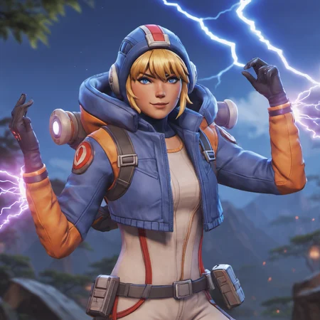 anime artwork night time portrait of full body wattson (apex legends) woman dancing, surrounded by electricity and lightning, high quality, clear focus, blonde hair, bangs, fringe detailed, blue headwear, woods background,ring light, flash photography, dark moody lighting, sharp contrast <lora:Watts0n-000018:0.6> <lora:offset_0.2:1> . anime style, key visual, vibrant, studio anime, highly detailed