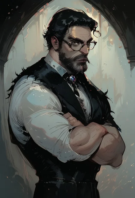 score_9, score_8_up, score_7_up, BREAK, 1 boy, manly,  BREAK goth, goth boy, glasses, victorian goth, muscular, muscular male, elegance, antique, retro style, victorian england, suit, beard, facial hair, old man, mature man, barbarian, sleeveless