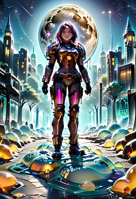 {{ (  score_9, score_8_up, score_7_up, score_6_up, Masterpiece, Highly Detailed, 8k, Volumetric Lighting, Shadows, Proper Lighting Effects, Full body Shot, Focus On Girl, sl1m3d, slime-morph ) }}
{{ Detailed Background ( Urban Landscape, Tall Buildings, Skyscraper, Nighttime, Full Moon, Stars, Sparse Clouds ) }}
1girl solo ( Age 22, 150cm tall, shoulder length hair, pink eyes, 34C-24-34 measurements, futuristic armor, holding a blaster ) on a rooftop overlooking the city