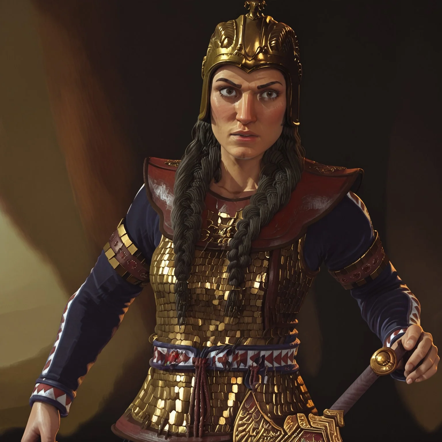 1girl, solo, tomyris, black hair, twin braids, gold helmet, cavalry armor, riding a horse, battle cry, leading an army, action shot