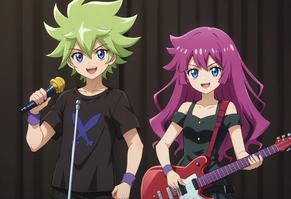 score_9, score_8_up, score_7_up, source_anime, highly detailed, 1boy, 1girl,
rominkassidy, 1girl, blue eyes, long hair, purple hair, instrument, holding,
smile, looking at viewer, shirt, guitar, black shirt,
bangs, collarbone, pants, BREAK
roa, 1boy, male focus, microphone, green hair, open mouth, smile, microphone stand, spiked hair, blue eyes, purple eyes, clenched hand, wristband, shirt, hair between eyes BREAK
indoor, stage, upper body