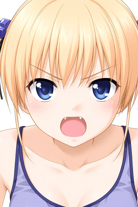 masterpiece, best quality, absurdres, official art, official style, rating general BREAK <lora:mukaimana_IL_v1-1:0.7>, mukai mana, 1girl, solo, blue eyes, blonde hair, long hair, twintails, hair ribbon, black ribbon, cube hair ornament, small breasts, casual, purple tank top, breast ribbon, purple ribbon, bare shoulders, collarbone, midriff peek, clothes writing, upper body, portrait, close-up,
blush, :o, angry, d:, fang, looking at viewer, open mouth, v-shaped eyebrows
