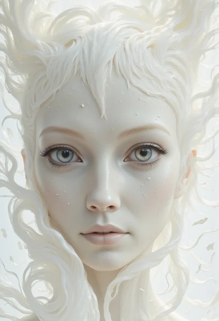 A closeup, surreal, ethereal portrait of a woman with a hauntingly beautiful, almost angelic presence. Her pale complexion is luminescent, blending seamlessly into the pure white background, creating an impression that she is emerging from light itself. Her very large piercing blue eyes are the focal point, their crystalline clarity and soft glow conveying a sense of otherworldly wisdom and calm. Her long lashes are bold and dramatic, contrasting starkly against her porcelain skin, drawing the viewer's gaze deeper into her haunting stare. Her features are delicately sculpted, with high cheekbones, a perfectly straight nose, and soft, full lips that hold a subtle, neutral expression, suggesting serenity and quiet strength. Her platinum-white hair flows and floats softly upwards, emphasizing her celestial appearance. The fine strands are light and wispy, blending seamlessly into the white backdrop with white ashes falling around her, adding to the ethereal atmosphere. The lighting is diffused and even, erasing shadows and creating a minimalistic aesthetic that places full focus on her striking features. The overall composition feels timeless, as if capturing the essence of purity and perfection, with a soft, dreamlike quality that invites introspection and awe. The simplicity of the image enhances its mystique, creating a profound, angelic presence that feels both familiar and otherworldly.