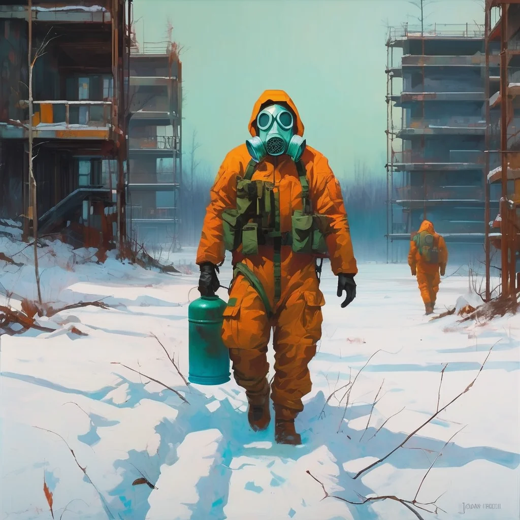 (a Retro Futurism Art style painting of A man in a biohazard suit and a gas mask walks in the snowy Pripyat:1.2) by (josan gonzalez and John Singer Sargent and sergey kolesov and Craig Mullins and hermann corrodi and aleksander rostov and kaspar tamsalu and Franz Kline:1.2)
