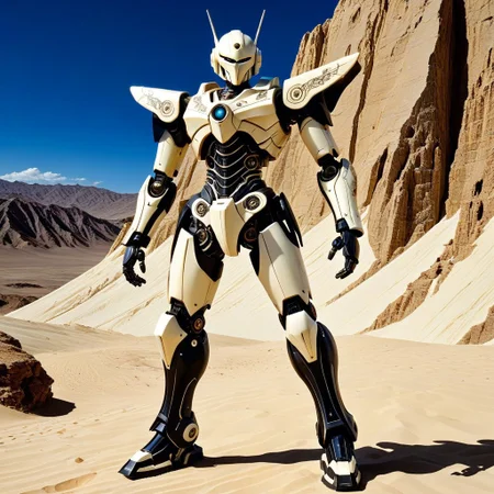 made out of, ebony, ivory, scrimshaw, bone carving, mecha, standing, pose, super robot anime, anime style, desert mountain, 2d high score, masterpiece, best quality, absurdres,