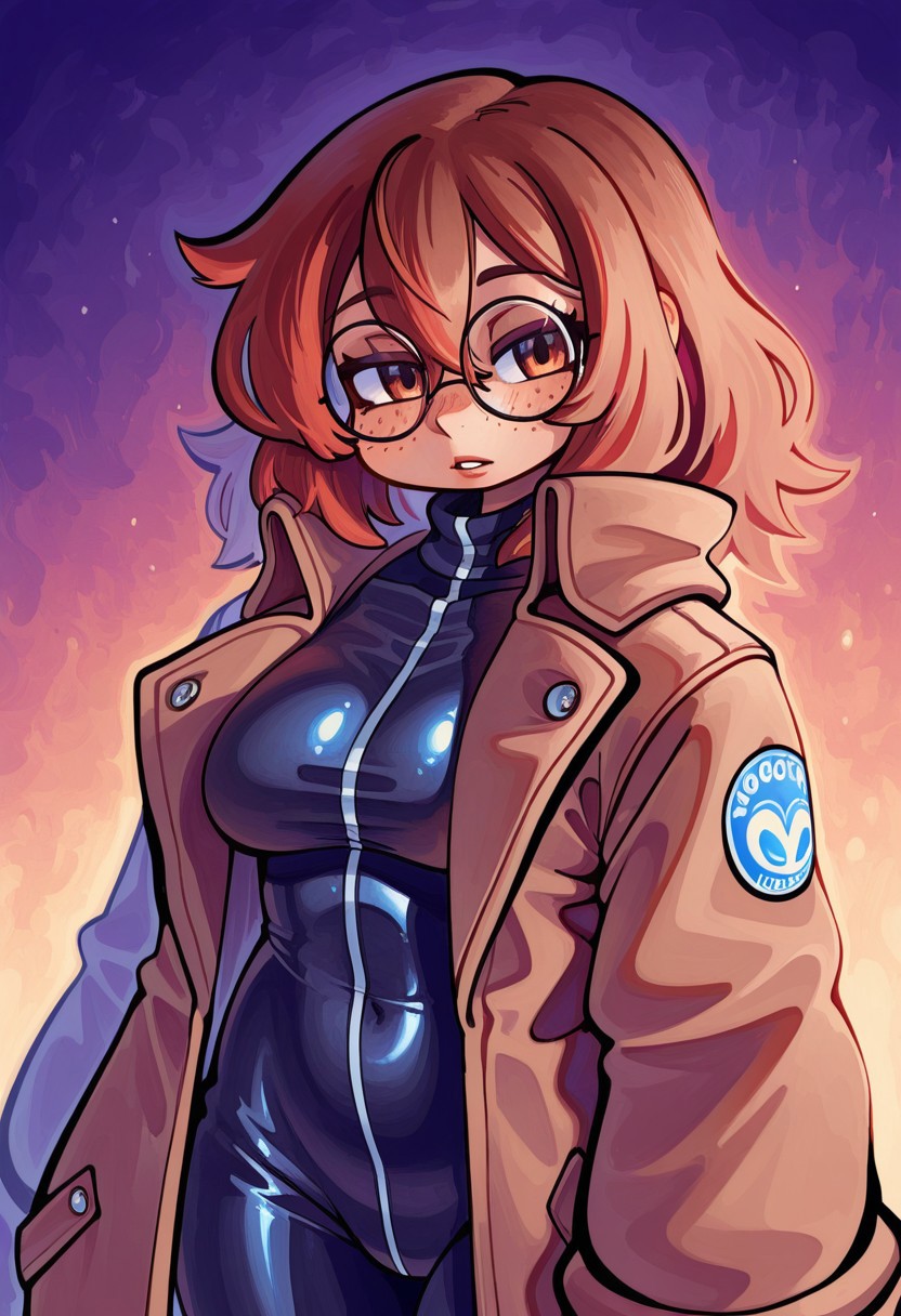 mogy64, traditional media, highres, official_art, parted lips, looking at viewer, round eyewear, detailed face, freckles, red hair, brown hair, hair between eyes, mole under eye, oversized jacket, shiny clothes