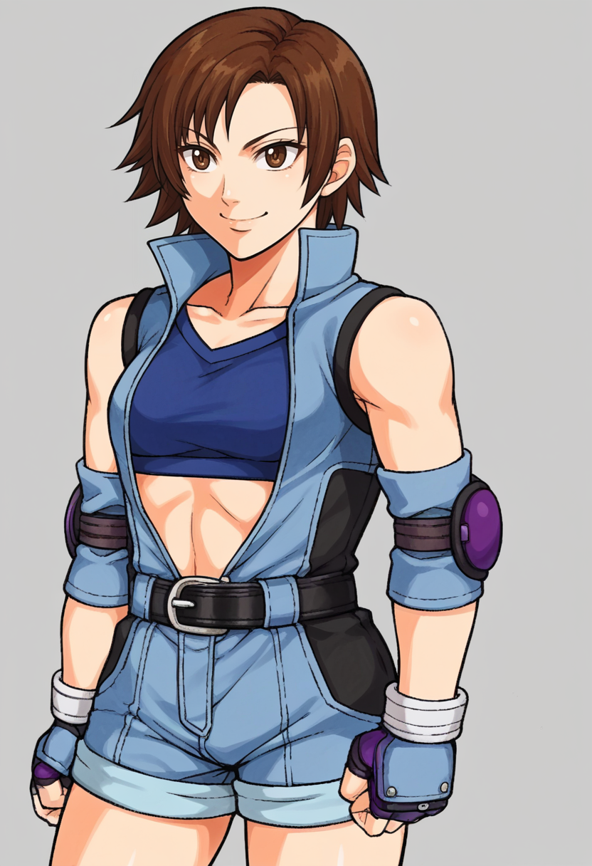 score_9, score_8_up, score_7_up, source_anime BREAK
<lora:zs_FE9PortraitsXL:1> fe9portraits, solo, cowboy shot, simple background, 1girl, smile, 
 <lora:tekken_asukakazama_ponyXL:1> asukadef, short jumpsuit, sports bra, elbow pads, fingerless gloves, shorts, belt, bare shoulders