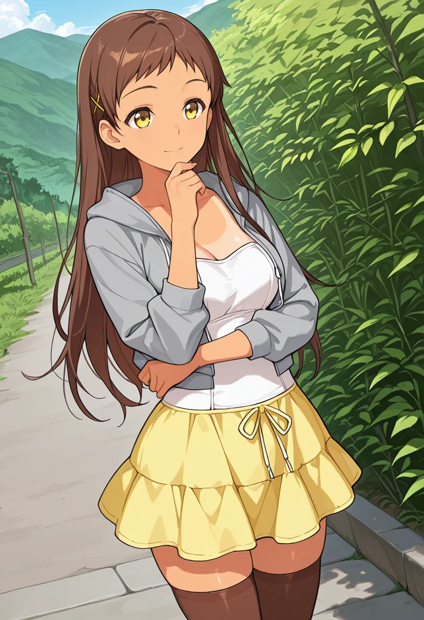 masterpiece,high quality details,
outdoors, 
<lora:Sayama_Chie:0.8>
chie_cnr, 1girl, brown hair, long hair,yellow eyes, tan, tanlines, hairclip,(aged up:1.2),, light smile,thinking,, bustier  ,sweatshirt,godet skirt,  ,brown thighhighs,