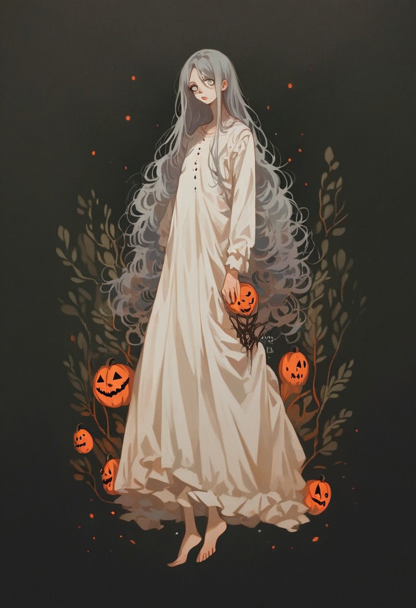 score_9, score_8_up, score_7_up, score_6_up, hllwn, halloween, vintage, source_anime, ((masterpiece, best quality, illustration)), long hair, gray silver white eyes, barefoot, white shirt, plain Gown, petite body, horror cinematic, large eye in background