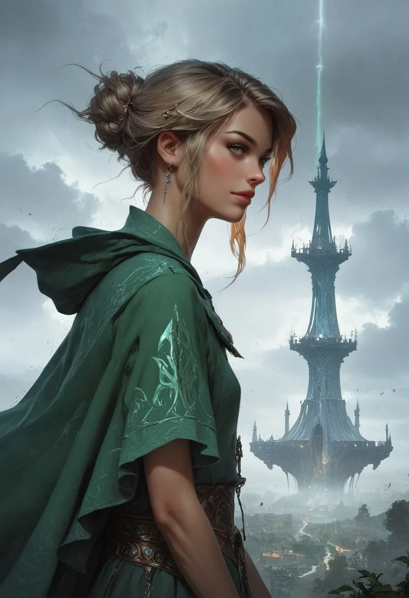 score_9, score_8_up, score_7_up, rating_questionable,  young woman wearing a long green empire style dress , , (masterpiece, best quality, highly detailed, realistic), at the oceanside, Storm, windy, vibrant colors, sideview
