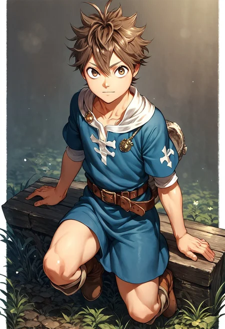 score_9, score_8_up, score_7_up, 1boy, solo, cute boy, brown hair, brown eyes, tunic, belt, bare thighs, boots, Yuki_Tabata_Style