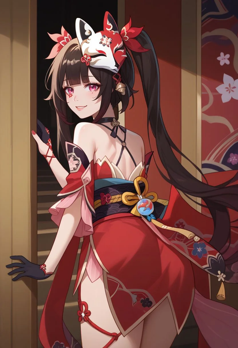 score_9, score_8_up, score_7_up, source_anime, 1girl, sparkledef, pink eyes, long hair, twintails, fox mask, mask on head, bell, black choker, bare shoulders, flower tattoo, criss-cross halter, detached sleeves, red dress, japanese clothes, obi, black sash, black gloves, single glove, thigh strap, standing, smile, looking at viewer, indoors, shrine, portrait, close-up, facing viewer, from behind, looking back, against wall, leaning forward, ass, <lora:Sparkle_v1-000010:1>