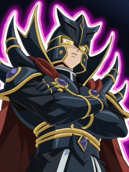 1boy,  upper body, glowing eyes, from below,  crossed arms, 
 <lora:supreme_kinh:0.9> Supre2meGXKing,black helmet, black armor,red cape, yellow eyes, dark aura, <lora:pathetic:1> pathetic_meme, looking down,