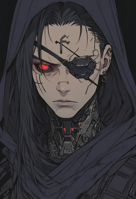 (score_9, score_8_up), score_7_up, zPDXL, 1man, upper body, black mantle, earrings, cyberpunk, eyepatch, neon eyepatch, black hair, wild hair, long hair, red eyes, looking at viewer, expressionless, dark, dark theme, black sclera, forehead protector, <lora:Sinozick_Style_XL_Pony:1>, sinozick style