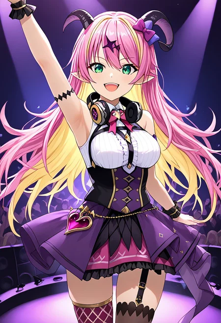 1girl, solo, highres, ManoAloe, long hair, multicolored hair, blonde hair, pink hair, demon horns, pointy ears, hair ornament, asymmetrical horns, green eyes, bangs, hair between eyes, colored inner hair, horn bow, hair bow,
bare shoulders, bow, chest harness, sleeveless shirt, wrist cuffs, purple skirt, arm strap, white shirt, headphones, headphones around neck,
thigh strap, asymmetrical legwear, thighhighs, mismatched legwear,
concert, lightstick, stage, stagelights, idol,
holding microphone, arm up, smile, open mouth, singing,