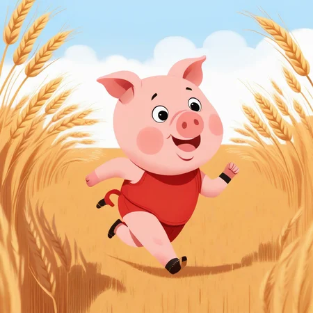 a cute Pig kid character Running in Wheat Field <lora:COOLKIDS_XL_0.3_RC:0.8>