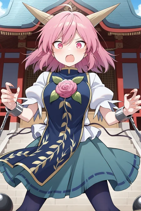 absurdres, highres, masterpiece, best quality, amazing quality, official anime artwork, screencap, anime screencap, looking at viewer, open mouth, surprised, dynamic pose, standing,
<lora:Ibaraki-Doujis-Arm_Illustrious:1> ibaraki douji's arm, 1girl, solo, pink eyes, pink hair, medium hair, horns, medium breasts,, blue tabard, white shirt, puffy short sleeves, aqua skirt, ribbon-trimmed skirt, blue pantyhose, high heels, cuffs, ball and chain restraint, long fingernails, sharp fingernails, outdoors, shrine,