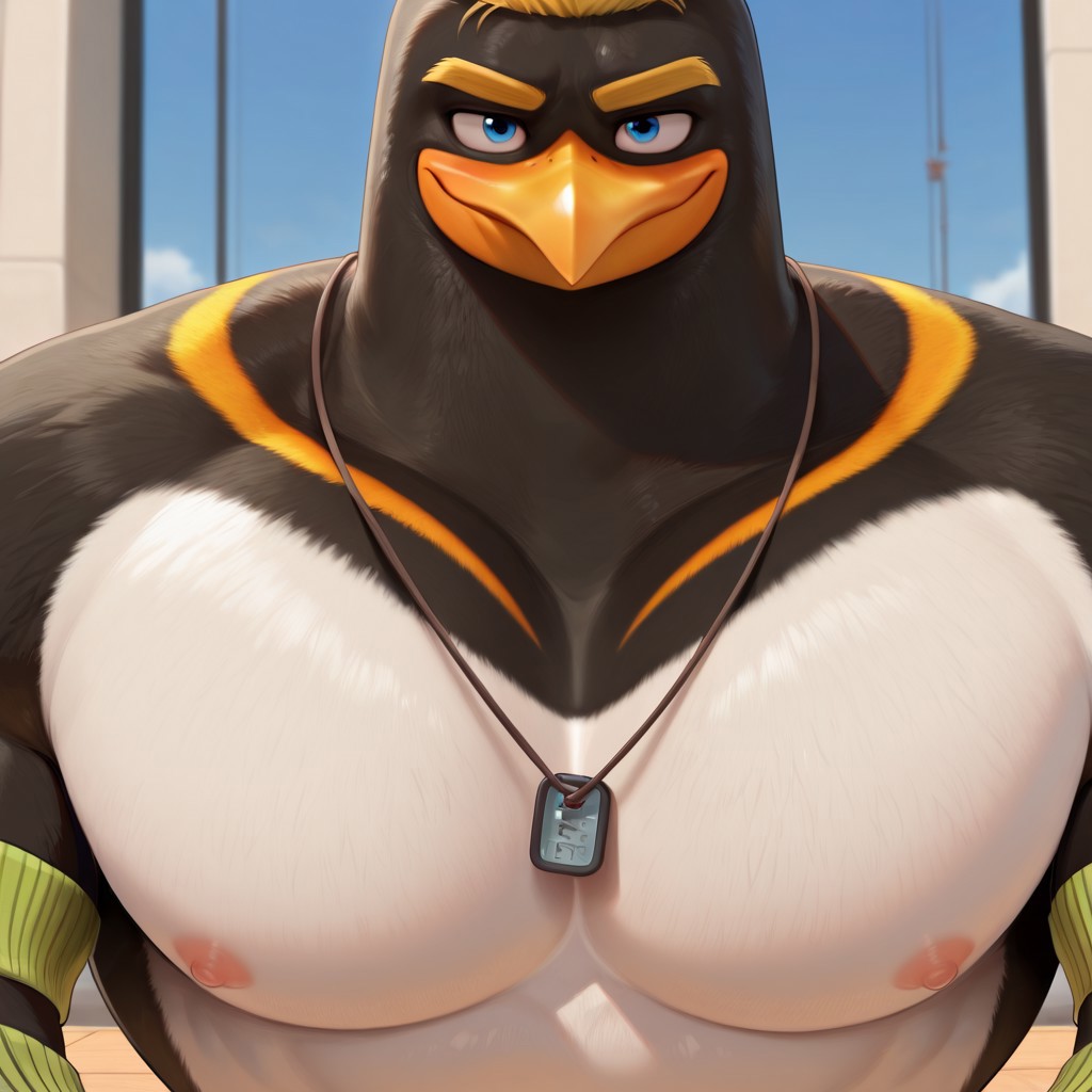 masterpiece, best quality, amazing quality, detailed face, detailed eyes, J.C, solo, furry male, penguin, muscular, pectorals, wide torso, blue eyes, yellow hair, yellow eyebrows, dog tags, green wristbands, beak, orange feet and legs, camo shorts, close up, portrait, smile, short hair,