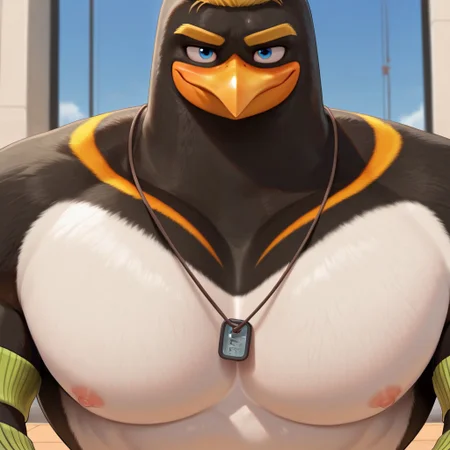masterpiece, best quality, amazing quality, detailed face, detailed eyes, J.C, solo, furry male, penguin, muscular, pectorals, wide torso, blue eyes, yellow hair, yellow eyebrows, dog tags, green wristbands, beak, orange feet and legs, camo shorts, close up, portrait, smile, short hair,