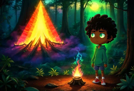 max (camp camp), dark fantasy theme, rainbow colored silhouette outline against a dark background,max (camp camp), 1boy, solo, human, male focus, curly black hair, curly tousled black hair, afro, dark skin, dark-skinned male, large eyes, round eyes, green eyes,small nose, triangular nose, pointed nose, beautiful forest horror, anime, magical fantasy, plasma pattern, dark lights
,epic, cinematic colors, masterpiece, detailmaximizer, midjourneyv6.1