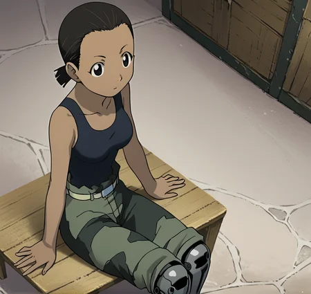 score_9, score_8_up, score_7_up, 1girl, solo, source_anime, aninyaFMA, dark-skinned female, prosthetic leg, tank top, black hair, black eyes, ponytail, <lora:PaninyaFMA:1> sitting,