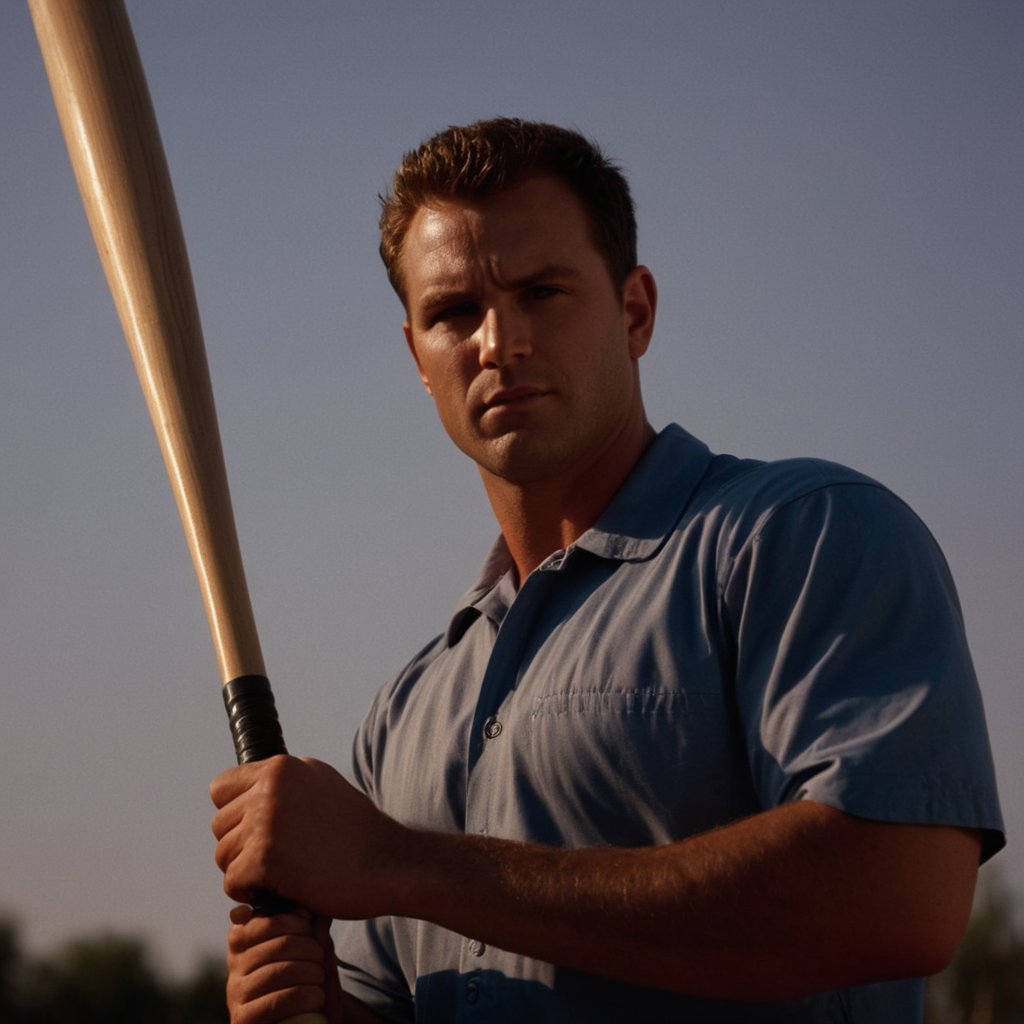 cinematic film still of  <lora:hands5g:0.8>
Sharp detailed high quality image of a man holding a baseball bat in his hand,, shallow depth of field, vignette, highly detailed, high budget, bokeh, cinemascope, moody, epic, gorgeous, film grain, grainy