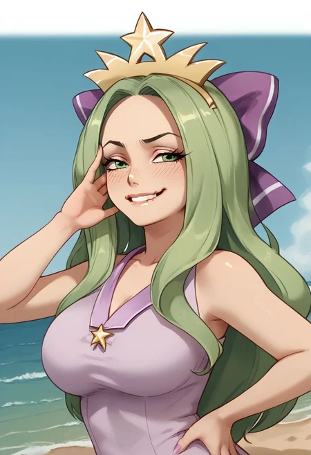 1girl, solo, upper body, long hair, green hair, green eyes, crown, hair bow, purple bow, hair censor, large breasts, hand on hip, hand on own face, smug smile, blush, teeth, lip gloss, beach, ocean, waves, Starbucks Siren