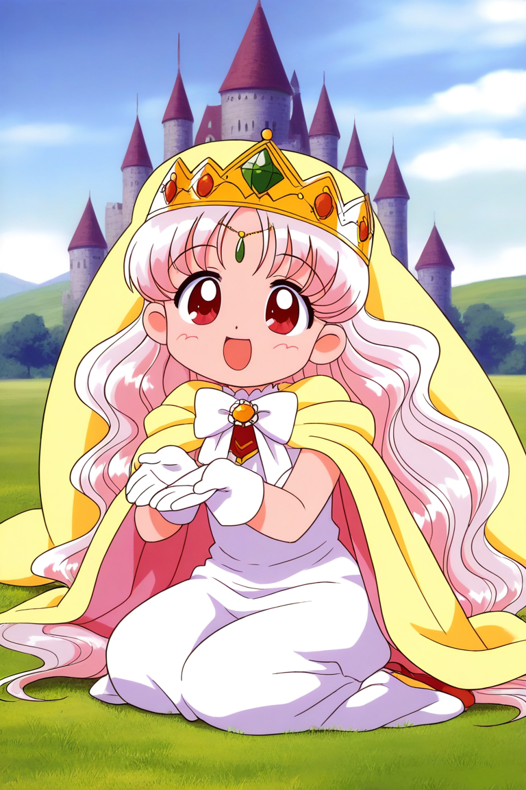 general,highres, ultra-detailed,very aesthetic,best quality ,best hands, BREAK <lora:Princess_Silver_Crayon_Oukoku_Ver2.0_IS:0.9>
Silver_Oujo(Crayon_Oukoku), 1girl, solo, long hair, white hair, pink hair, red eyes,
gold crown, white dress,very long hair, white gloves, tiara, white bow,
smile, happy,
under body, open mouth,
grass, sky, fantasy, castle,
