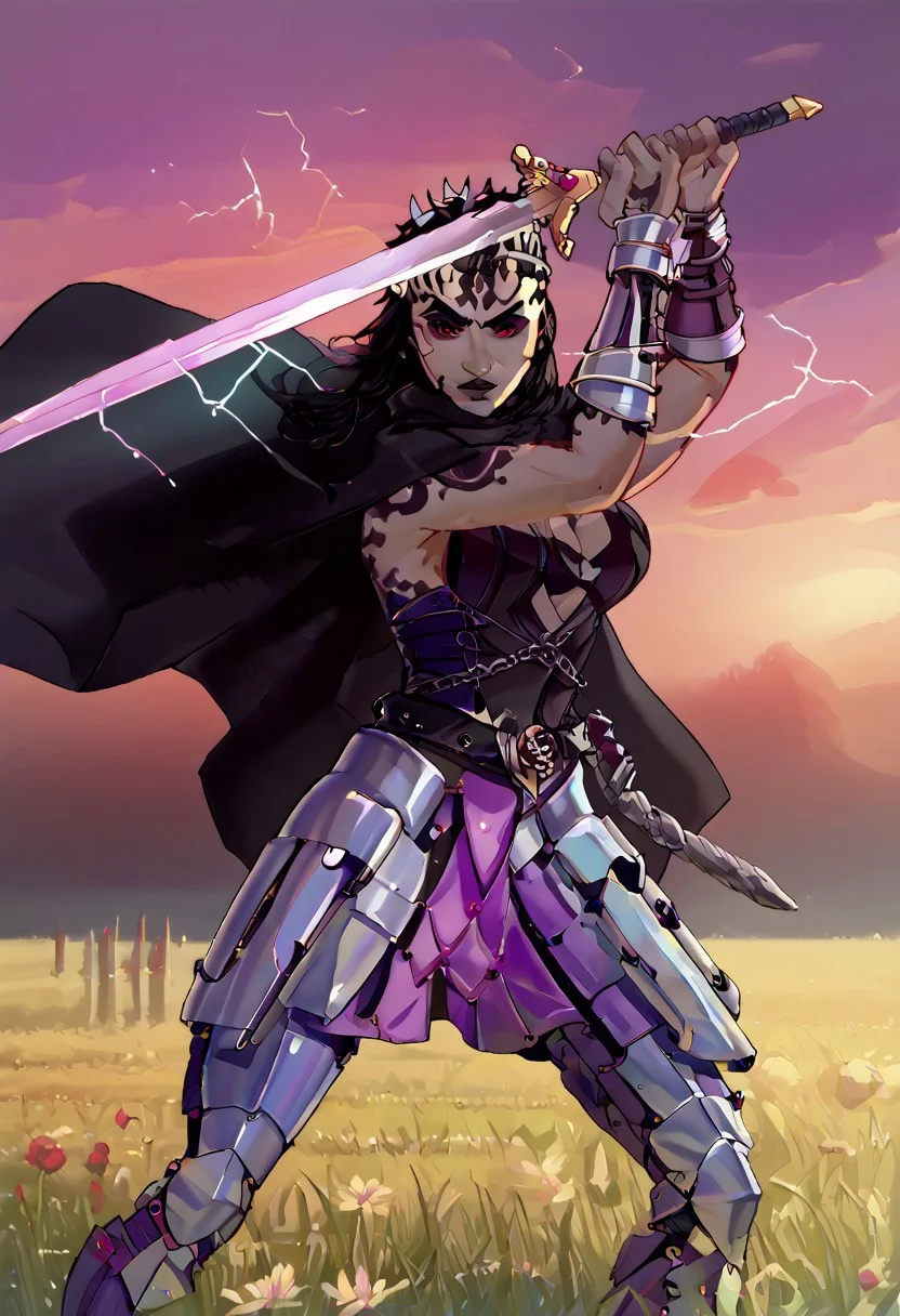 score_9, score_8_up, score_7_up, source_anime BREAK 1girl, solo, Hela Goddess of Death breaking free from her shackles, high guard sword parry stance moonlight greatsword ,holding sword, glowing weapon, Clad in blackened plate armor, black cape, belt, gauntlets, black face shield with rose armory, crimson sky, field, looking at viewer, blessed by God!!, giant saggy breasts, 8k resolution concept art portrait by Greg Rutkowski, Artgerm, WLOP, Alphonse Mucha dynamic lighting hyperdetailed intricately detailed Splash art trending on Artstation triadic colors Unreal Engine 5 volumetric lighting