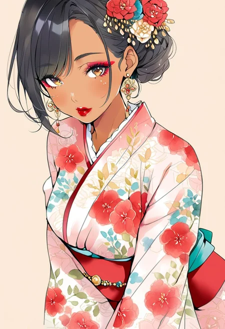 2d, lewd, pastel color, watercolor, lineart, ankymoore, 1girl, solo,kimono, short hair, simple background, black hair, dress, jewelry, upper body, flower, earrings makeup, floral print, lipstick, red flower, brown background, red lips, print dress, tan background,