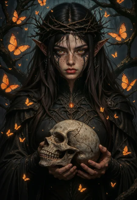 a highly detailed digital artwork featuring a dark, gothic fantasy theme. The central figure is a pale-skinned, slender female elf with long, flowing black hair cascading down her back. She has pointed ears and is adorned with a crown of thorns, illuminated by a faint, eerie glow. Her eyes are covered by the thorns, giving her a mysterious and otherworldly appearance. She is holding a human skull in her hands, which is also glowing with the same warm light. The skull appears to be intricately detailed, with visible teeth and eye sockets.
Surrounding her are numerous delicate, orange butterflies that contrast starkly against the dark background, adding a sense of ethereal beauty to the otherwise macabre scene. The background is a deep, shadowy black, filled with twisted, dark branches that enhance the eerie atmosphere. The overall color palette of the image is dominated by dark tones, with the occasional warm glow of light highlighting the thorns, butterflies, and skull. The texture of the artwork is smooth and polished, with a high level of detail and realism. This piece combines elements of horror and fantasy, creating a captivating and haunting visual experience.